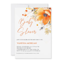 Oranje Waterverf Bloemen Baby shower uitnodiging