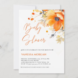 Oranje Waterverf Bloemen Baby shower uitnodiging
