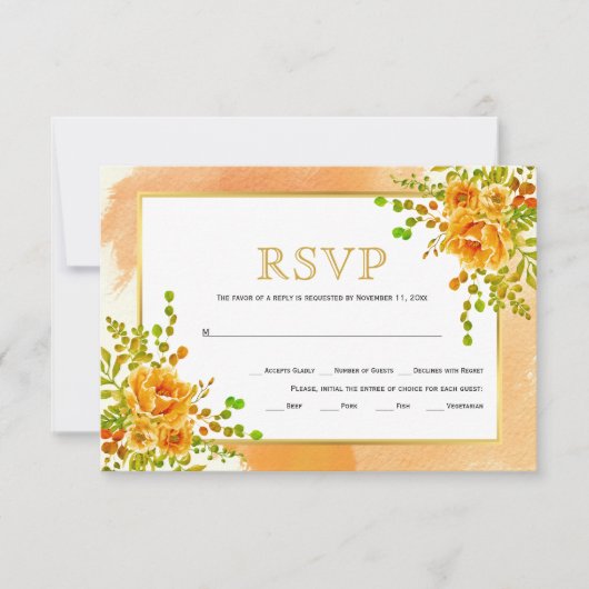 Oranje waterverf bloemen bloeiend herfst bruiloft RSVP kaartje (Voorkant)