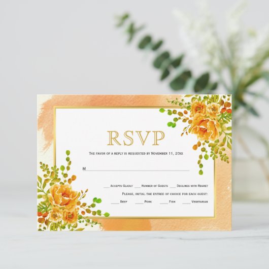 Oranje waterverf bloemen bloeiend herfst bruiloft RSVP kaartje (Staand voorkant)