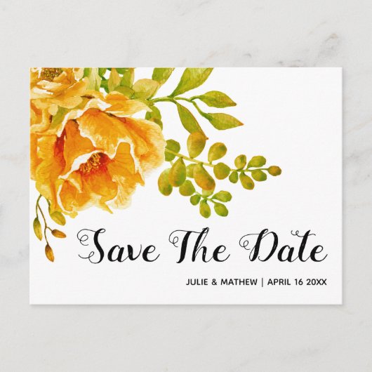 Oranje waterverf bloemen bruiloft Save the Date Aankondigingskaart (Voorkant)