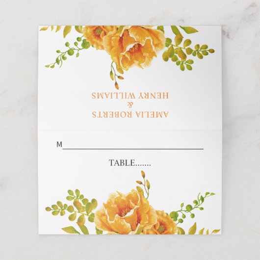 Oranje waterverf bloemen en bladeren bruiloft plaatskaartje (Buitenkant ongevouwen)