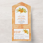 Oranje waterverf bloemen en bloemetjesbruiloft all in one uitnodiging (Binnen)