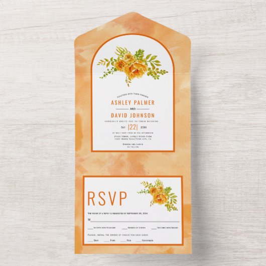 Oranje waterverf bloemen en bloemetjesbruiloft all in one uitnodiging (Binnen)