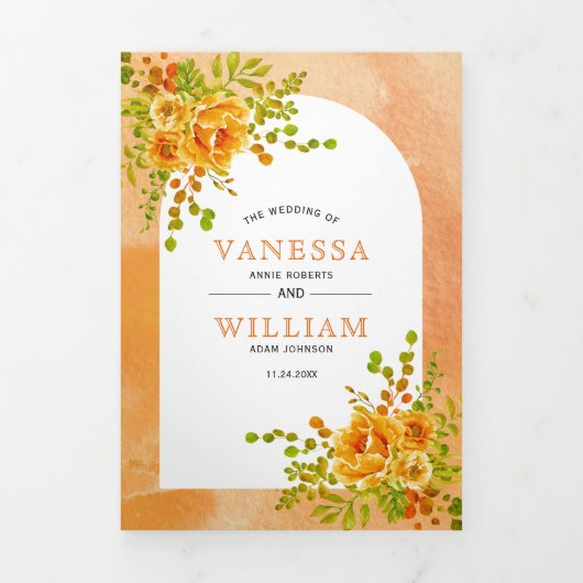 Oranje waterverf bloemen en bloemetjesbruiloft drieluik uitnodiging (Cover)