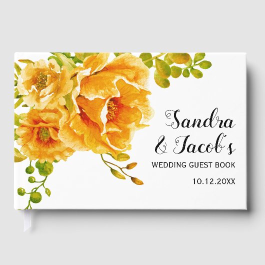 Oranje waterverf bloemen en typografie bruiloft gastenboek (Voorkant)