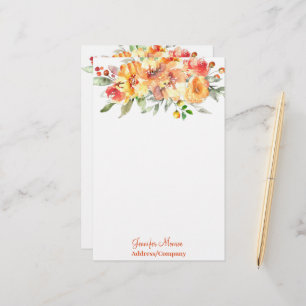 Oranje waterverf bloemen gepersonaliseerd briefpapier