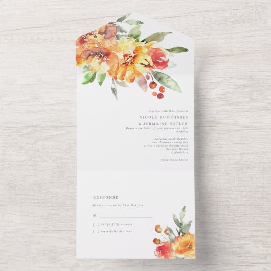 Oranje Waterverf bloemen gevlochten All In One Uitnodiging (Binnen)