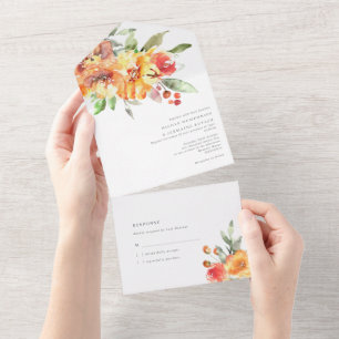 Oranje Waterverf bloemen gevlochten All In One Uitnodiging