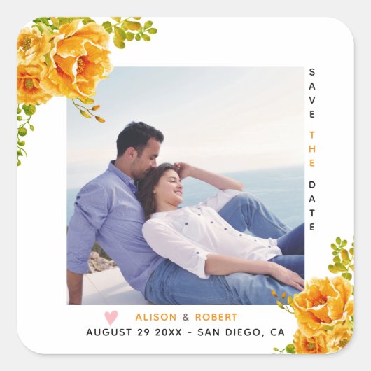 Oranje waterverf bloemen, groene bladeren en foto' vierkante sticker (Voorkant)