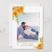 Oranje waterverf bloemen, groene bladeren foto her save the date (Voorkant)