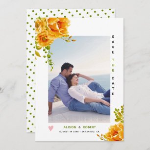 Oranje waterverf bloemen, groene bladeren foto her save the date