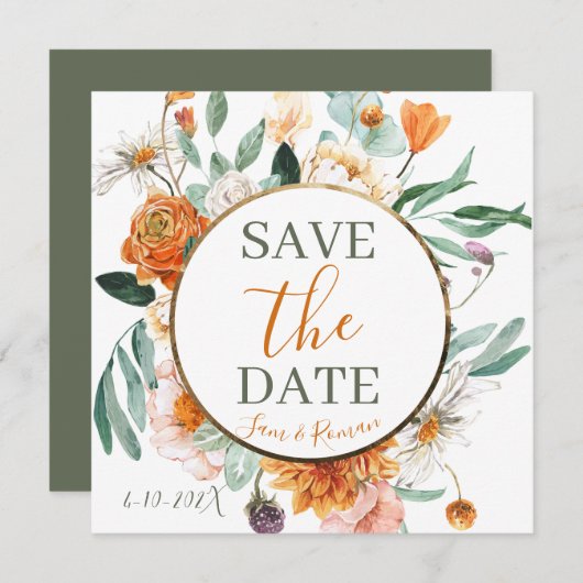 Oranje Waterverf Bloemen Save the Date Kaart (Voorkant / Achterkant)