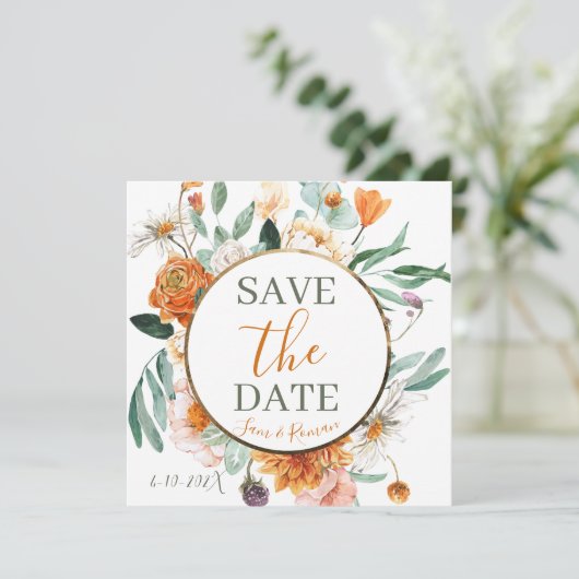 Oranje Waterverf Bloemen Save the Date Kaart (Staand voorkant)