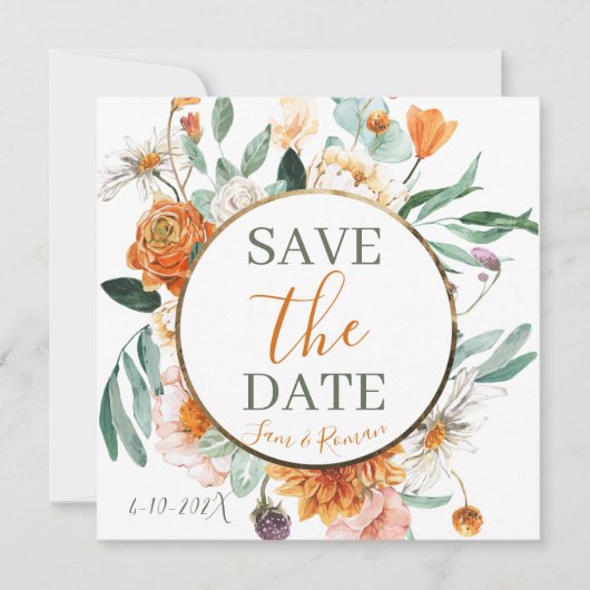 Oranje Waterverf Bloemen Save the Date Kaart (Voorkant)