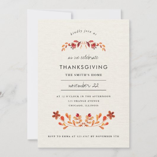 Oranje Waterverf Bloemen Thanksgiving Partij Kaart (Voorkant)