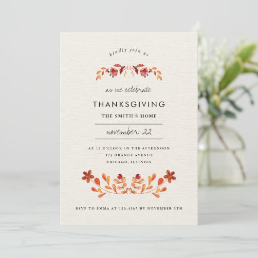 Oranje Waterverf Bloemen Thanksgiving Partij Kaart (Staand voorkant)