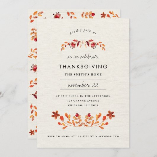 Oranje Waterverf Bloemen Thanksgiving Partij Kaart (Voorkant / Achterkant)