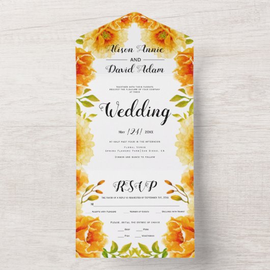 Oranje waterverf bloemen vallen bruiloft all in one uitnodiging (Binnen)