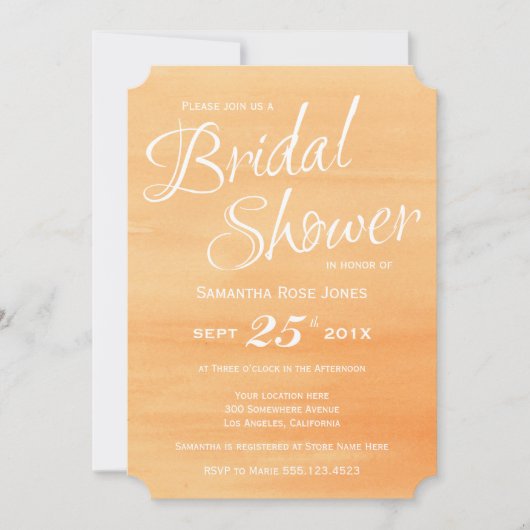 Oranje Waterverf Bridal Shower Invitation Kaart (Voorkant)