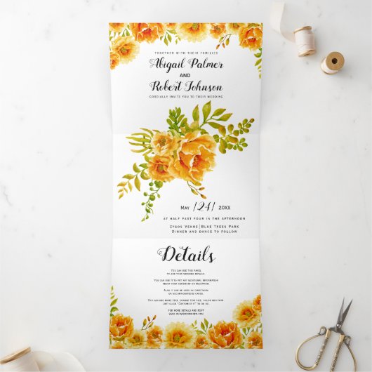 Oranje waterverf cactus bruiloft drieluik uitnodiging (Binnen)