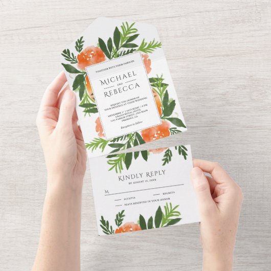 Oranje Waterverf Floral Garden Greenery Wedding All In One Uitnodiging (Afscheurbaar)