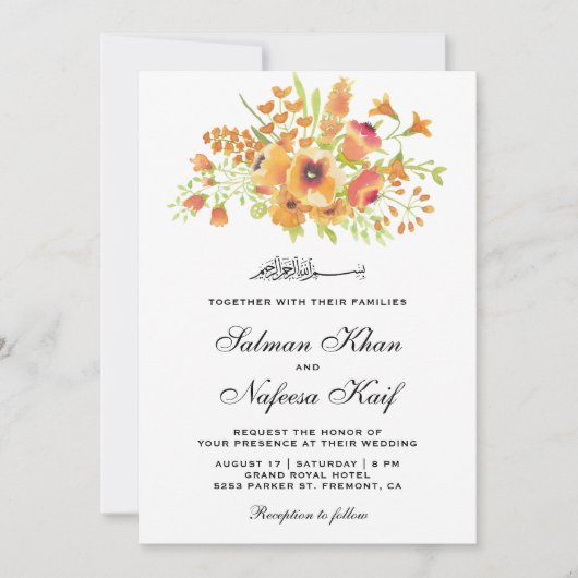 Oranje Waterverf Floral Islamitisch Moslim Bruilof Kaart (Voorkant)