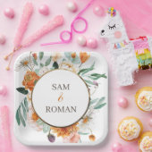 Oranje Waterverf Floral Wedding Papieren Bordje (Feest)