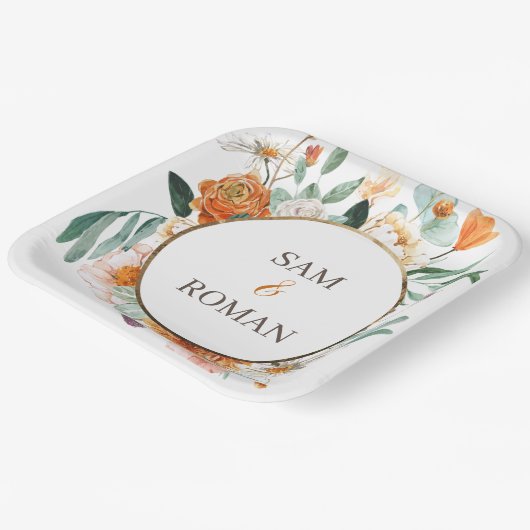 Oranje Waterverf Floral Wedding Papieren Bordje (Gebogen)