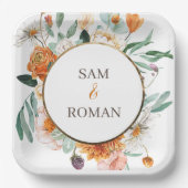 Oranje Waterverf Floral Wedding Papieren Bordje (Voorkant)