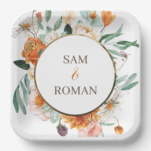 Oranje Waterverf Floral Wedding Papieren Bordje (Voorkant)