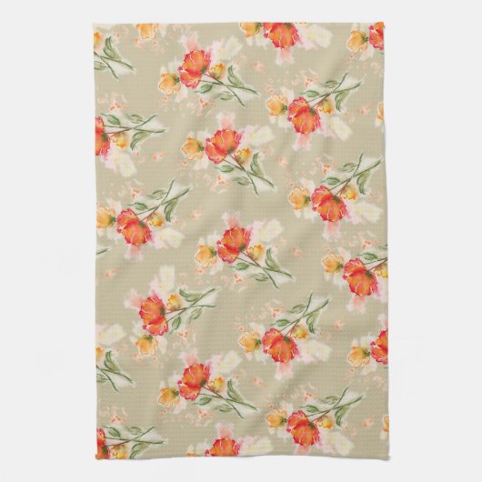 Oranje Waterverf Florals Tea Towel Theedoek (Verticaal)