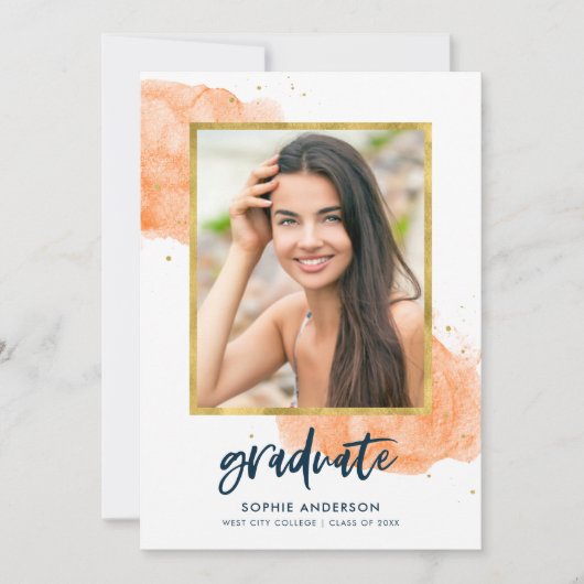 Oranje Waterverf Gold Foto Afstuderen Afstudeerder Kaart (Voorkant)