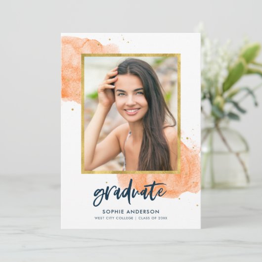 Oranje Waterverf Gold Foto Afstuderen Afstudeerder Kaart (Staand voorkant)