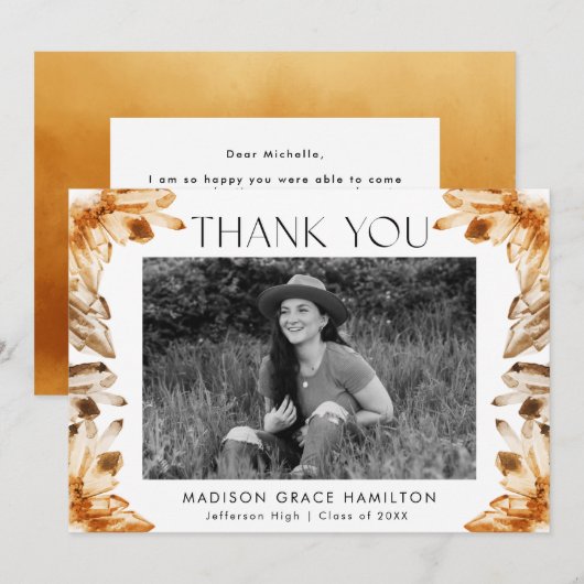 Oranje Waterverf Kristallen Foto Afstuderen Bedankkaart (Voorkant / Achterkant)