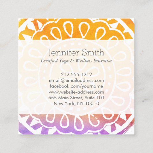 Oranje Waterverf Mandala Yoga en Wellness Vierkante Visitekaartje (Achterkant)