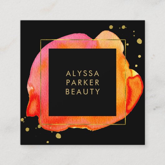 Oranje Waterverf met  plastic op zwart met Gold Vierkante Visitekaartje (Voorkant)