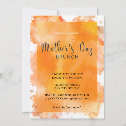 Oranje Waterverf Moederdag Brunch Uitnodiging (Voorkant)