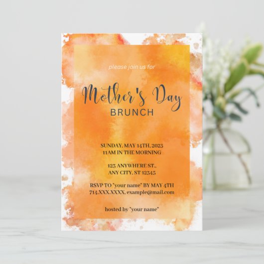 Oranje Waterverf Moederdag Brunch Uitnodiging (Staand voorkant)