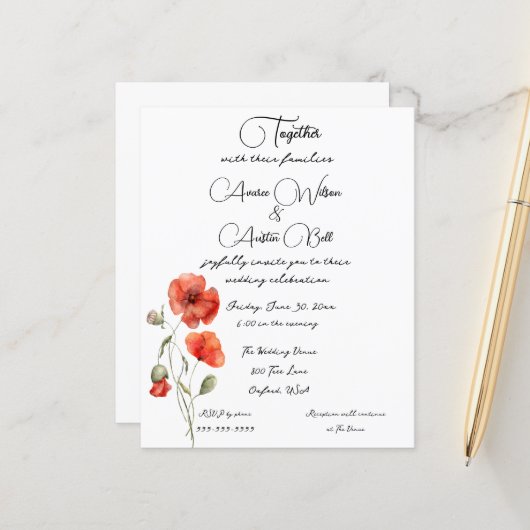 Oranje Waterverf papaver minimalistisch (Voorkant / Achterkant in situ)