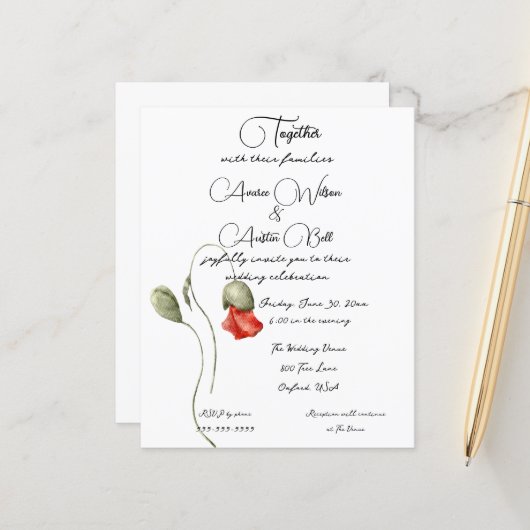 Oranje Waterverf papaver minimalistisch (Voorkant / Achterkant in situ)