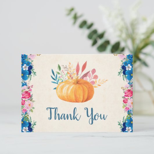 oranje Waterverf Pompoen en Bloemen Dank U Bedankkaart (Staand voorkant)