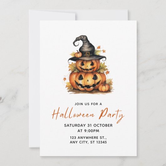 Oranje Waterverf Pompoen Halloween Party Kaart (Voorkant)