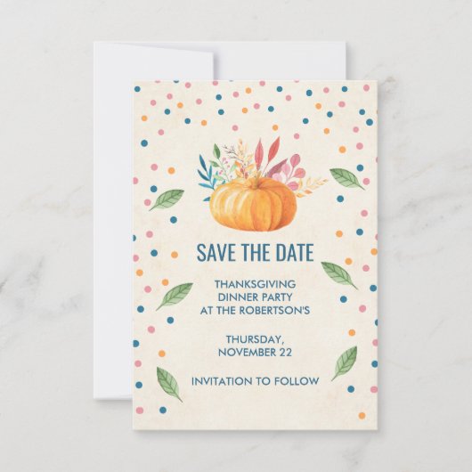 Oranje Waterverf Pompoen met Confetti Save The Date (Voorkant)