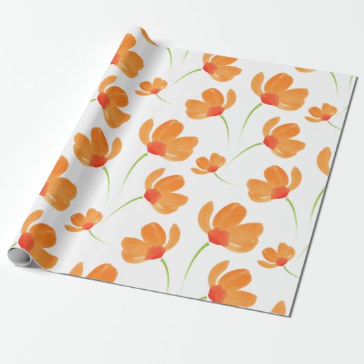 Oranje Waterverf Poppies Patroon Cadeaupapier (Uitgerold)