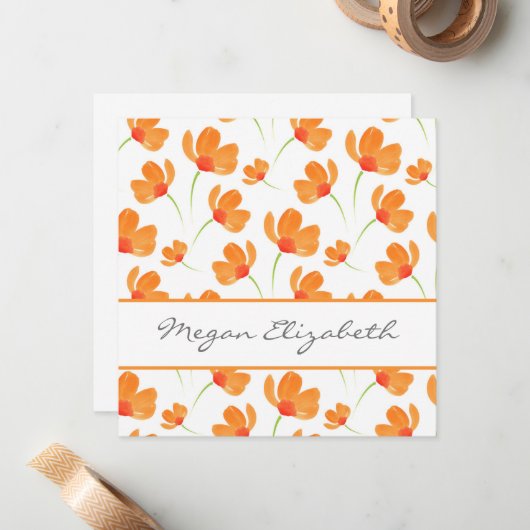 Oranje Waterverf Poppies Patroon Notitiekaartje (Voorkant / Achterkant in situ)