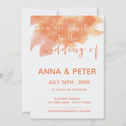 Oranje Waterverf Splash Script Weddenschap Kaart (Voorkant)