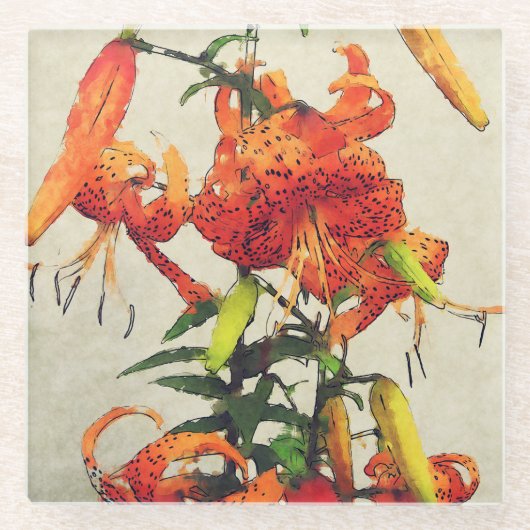 Oranje Waterverf Tiger Lily 1 Glazen Onderzetter (Voorkant)