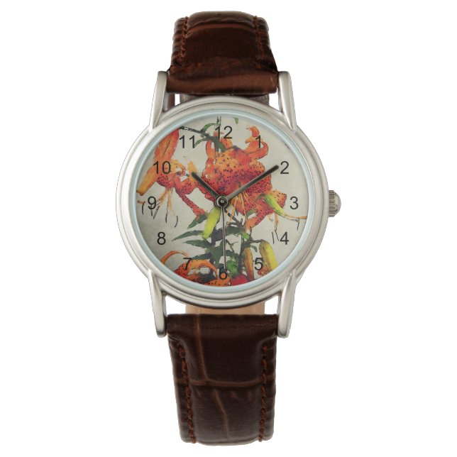 Oranje Waterverf Tiger Lily 1 Horloge (Voorkant)