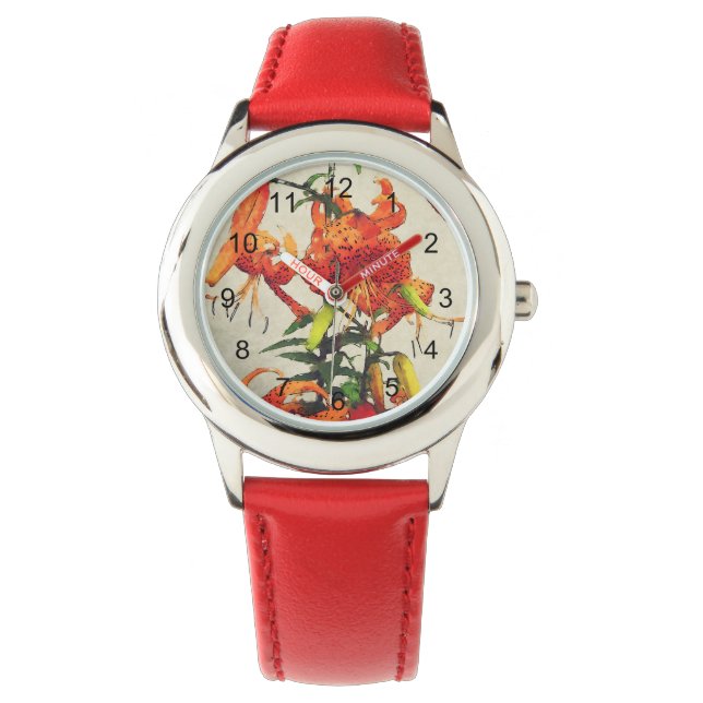 Oranje Waterverf Tiger Lily 1 Horloge (Voorkant)